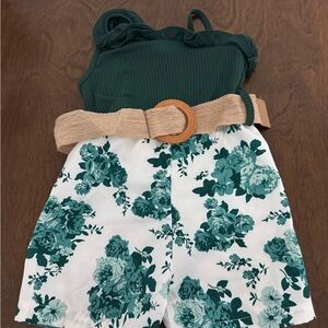 Green Floral Romper with Tan Belt